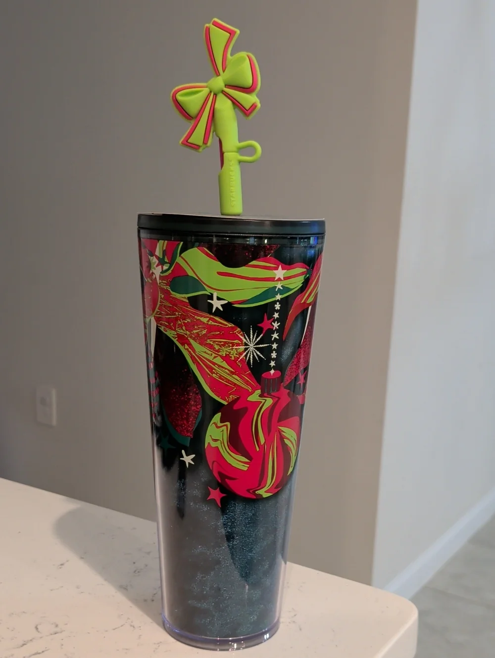 Starbucks Green & Pink Holiday Ornament Tumbler with Bow Straw